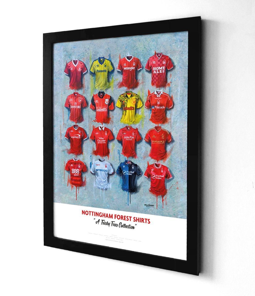 Limited edition signed print of Nottingham Forest FC shirts by Terry Kneeshaw Art, featuring detailed artwork and signature.