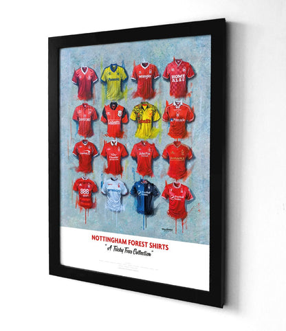 Limited edition signed print of Nottingham Forest FC shirts by Terry Kneeshaw Art, featuring detailed artwork and signature.