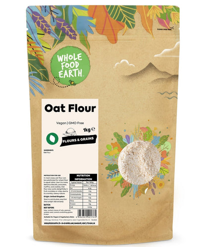 Whole Food Earth oat flour in a bag, showing a close-up of the light, fine ground oat flour for baking and cooking.