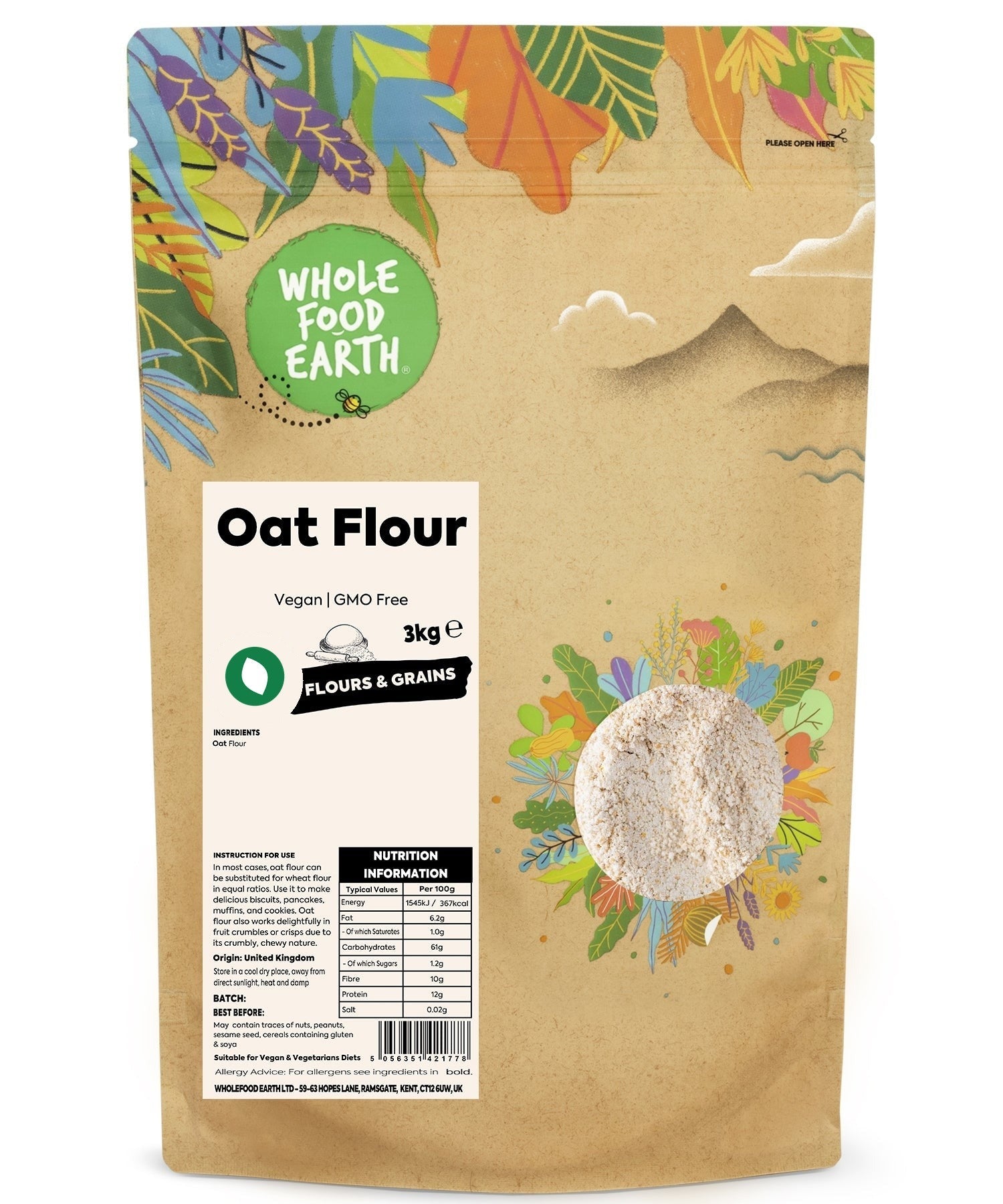Whole Food Earth oat flour in a bag, showing a close-up of the light beige, powdered oats used for baking and cooking.