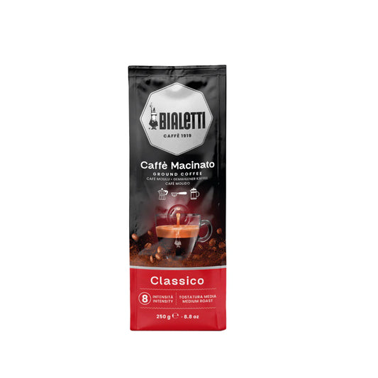 Bialetti Brew Italia Omni Ground Coffee in a sealed bag with the label indicating Classico flavor for rich, aromatic brewing.
