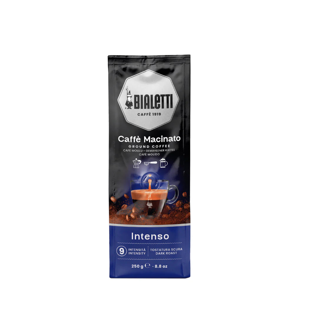 Bialetti Brew Italia Omni Ground Coffee Intenso package showing the label and branding on the coffee bag.