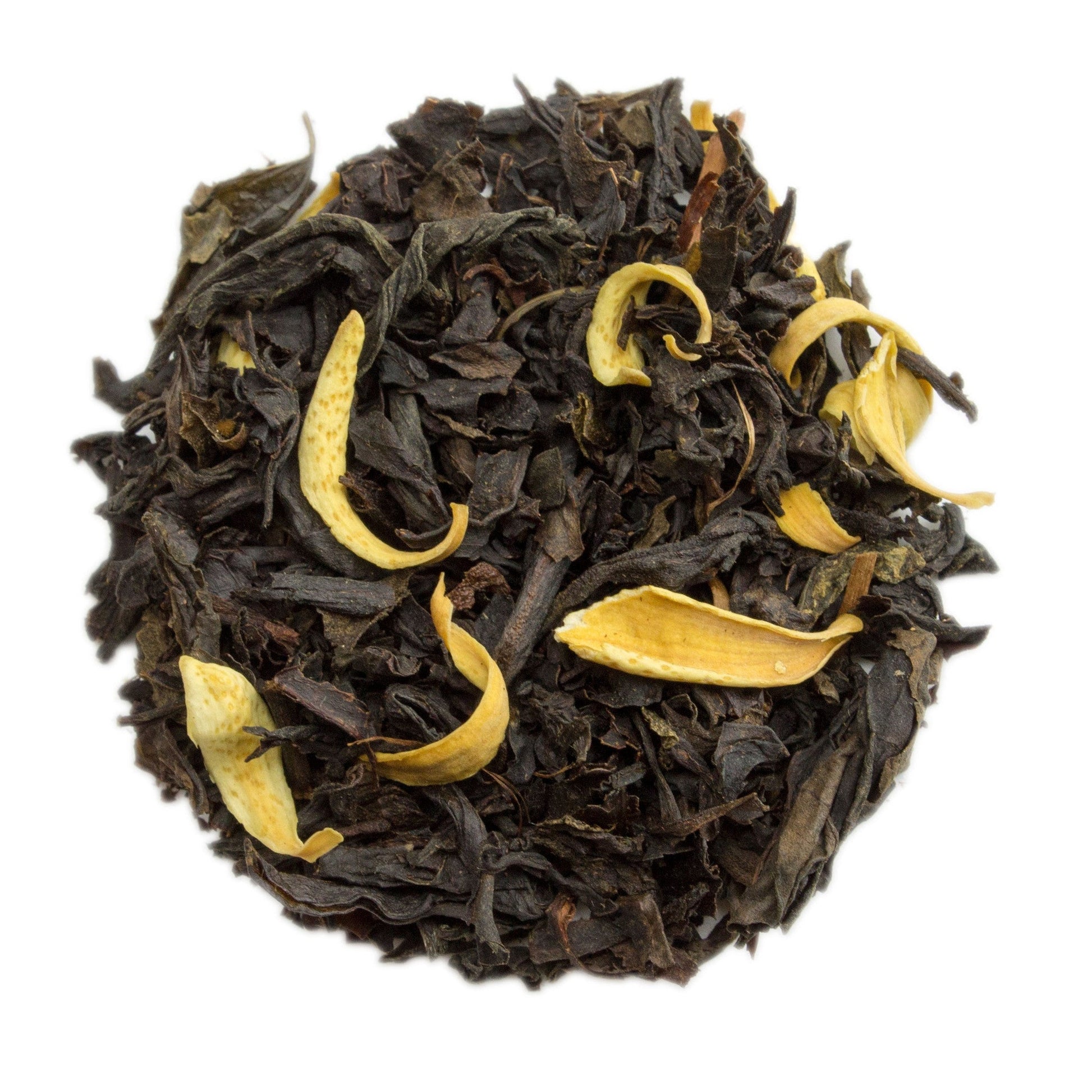 Orange Blossom Oolong Tea by PekoeTea Edinburgh, showing a close-up of the tea leaves with orange blossom aroma and light amber color.