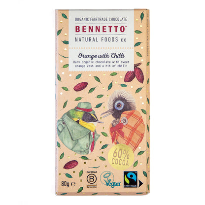 Bennetto Natural Foods UK orange chocolate with visible orange and chilli pieces in a chocolate bar.