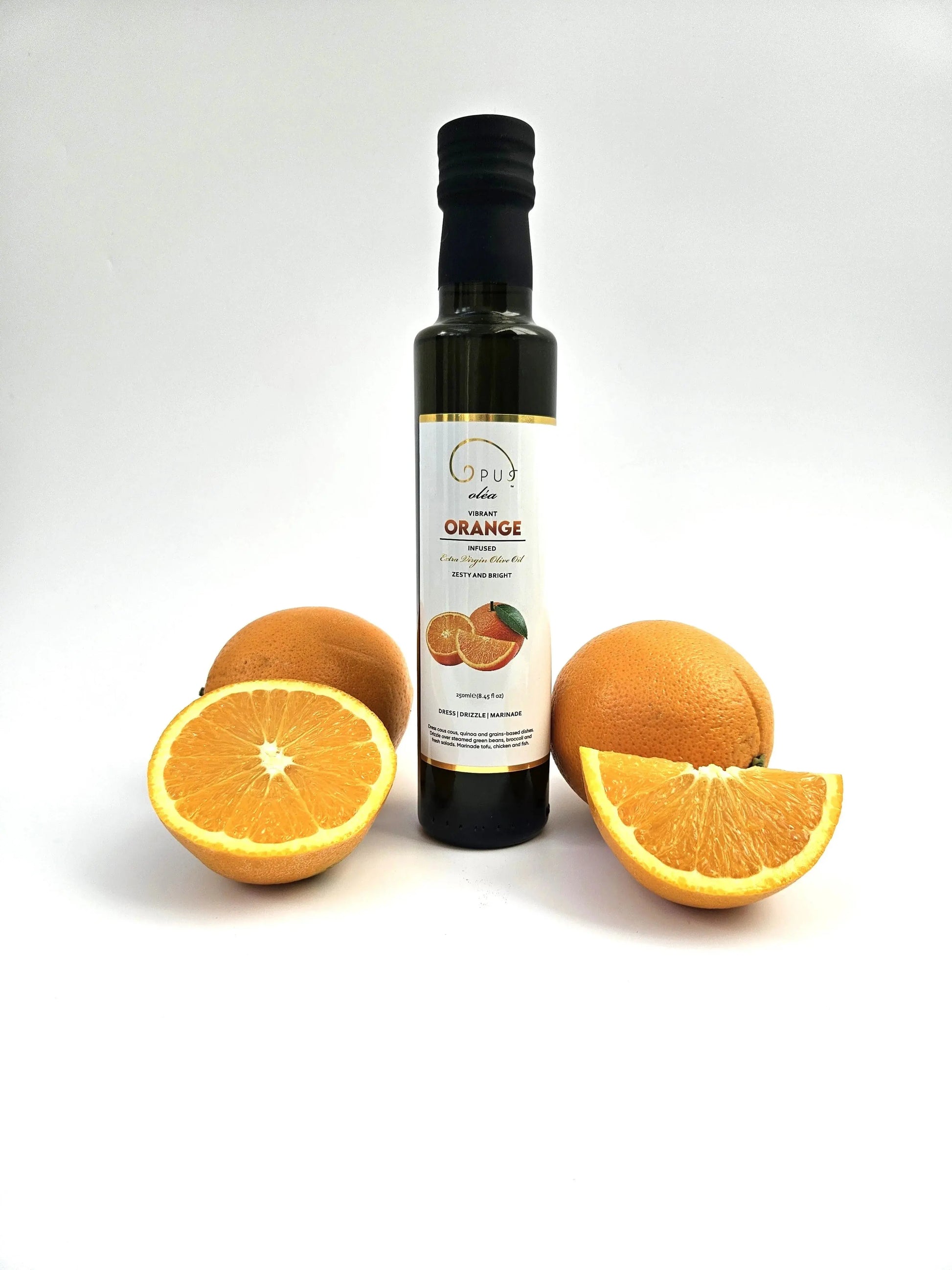 Opus Oléa Orange Olive Oil 250ml bottle with bright orange label on a white background.
