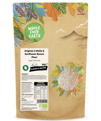 Organic 3 Malts and Sunflower Brown Flour from Whole Food Earth, gluten-rich flour with a nutty appearance in a bag.