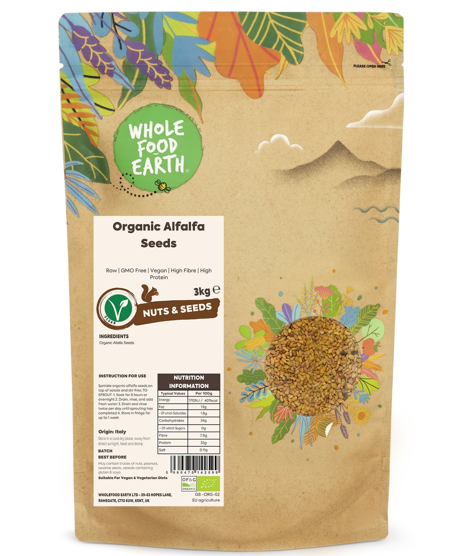 Raw organic alfalfa seeds from Whole Food Earth, high fiber, high protein, GMO-free, vegan-friendly nuts and seeds product.
