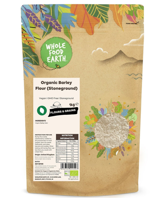 Stoneground organic barley flour from Whole Food Earth, light brown powder for baking and cooking.