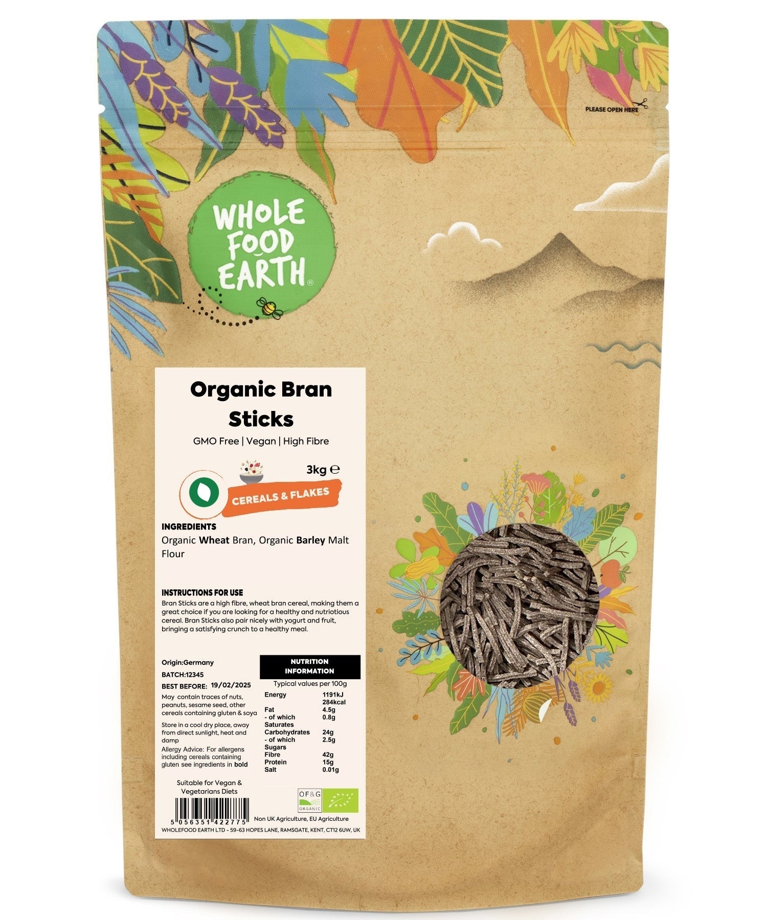 Whole Food Earth organic bran sticks on a wooden surface, showing their crunchy texture and natural golden-brown color.