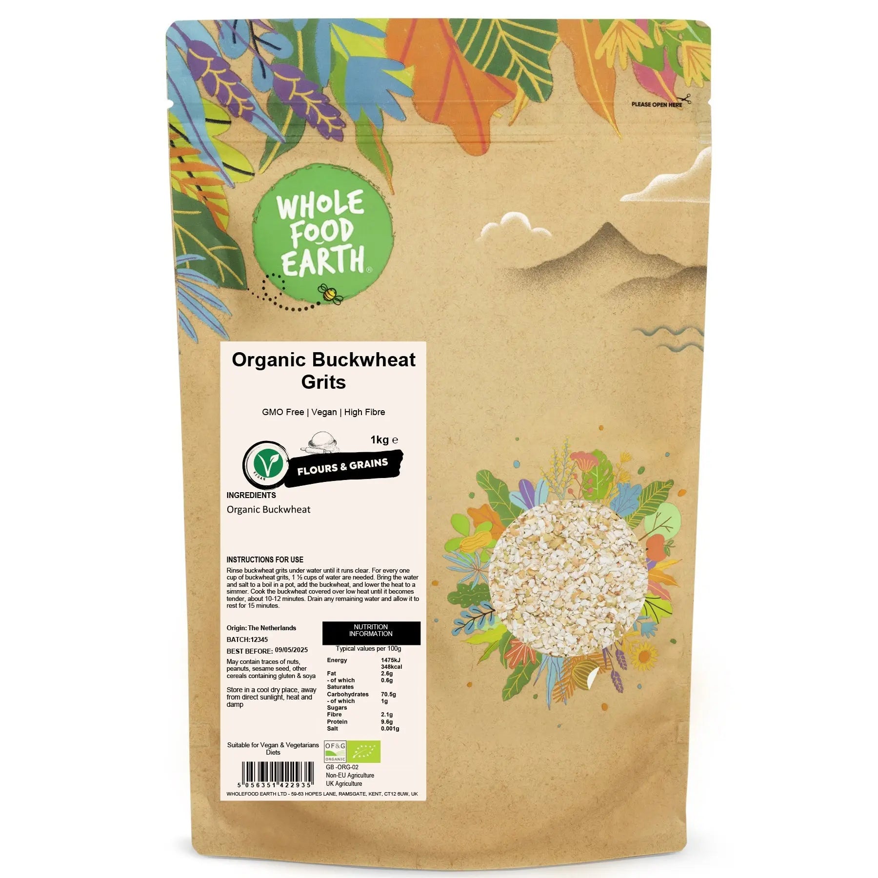 Raw organic buckwheat grits from Whole Food Earth, gluten-free and high in fiber, shown in a close-up view of the grains.