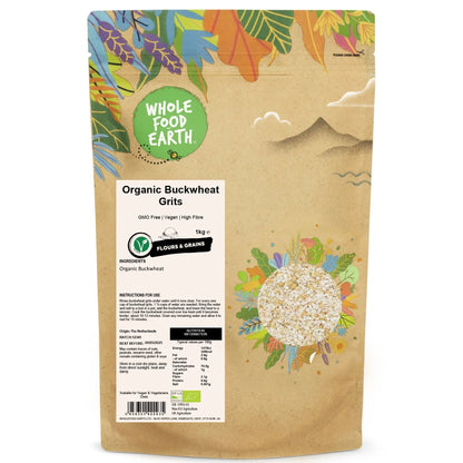 Raw organic buckwheat grits from Whole Food Earth, gluten-free and high in fiber, shown in a close-up view of the grains.