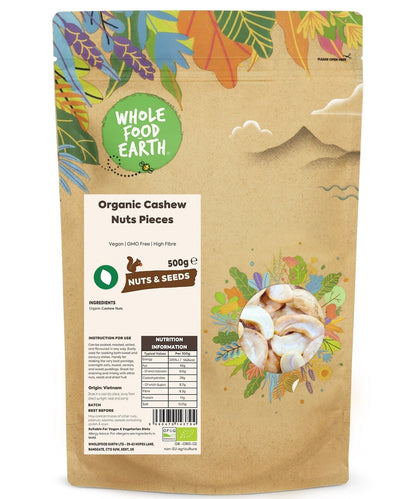 Organic cashew nut pieces from Whole Food Earth, showing a close-up of creamy, light-colored chopped cashews on a neutral background.