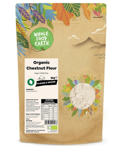 Organic chestnut flour from Whole Food Earth, showing a close-up of the light brown, finely ground flour in a bowl.