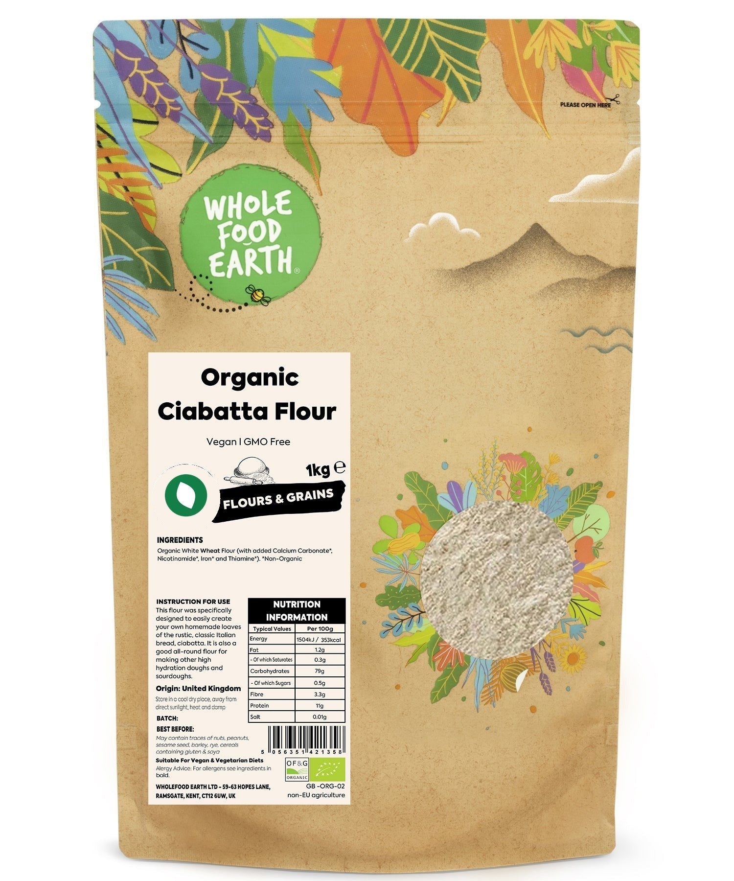 Organic Ciabatta flour from Whole Food Earth, showing a bag of premium gluten-rich flour for baking authentic Italian bread.