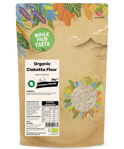 Organic Whole Food Earth Ciabatta Flour bag for bread baking, showing the label and packaging in a kitchen setting.