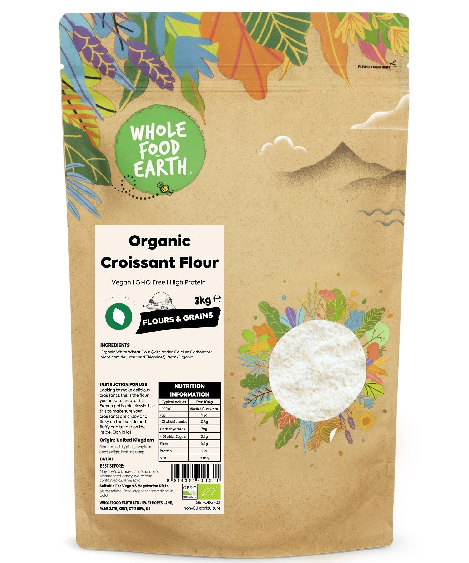 Organic Croissant Flour from Whole Food Earth, a natural gluten-rich flour for baking flaky croissants, shown in a bag.