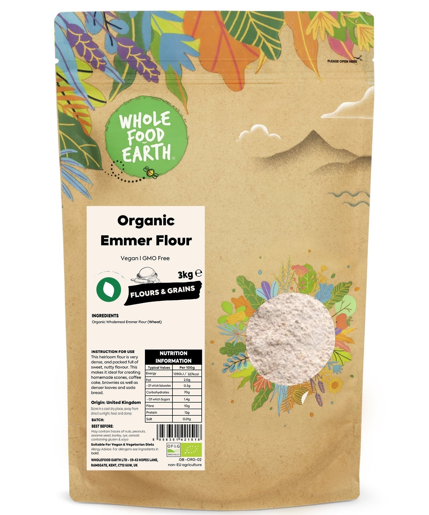 Organic Emmer Flour from Whole Food Earth, showing a bag of natural whole grain flour on a rustic wooden surface.