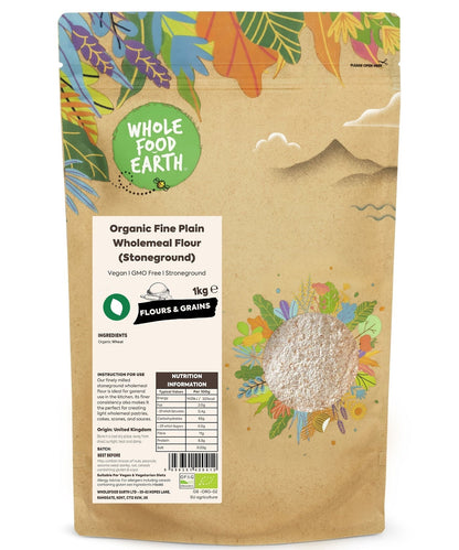 Organic Fine Plain Wholemeal Flour by Whole Food Earth, stoneground, showing a bag of wholegrain flour on a wooden surface.
