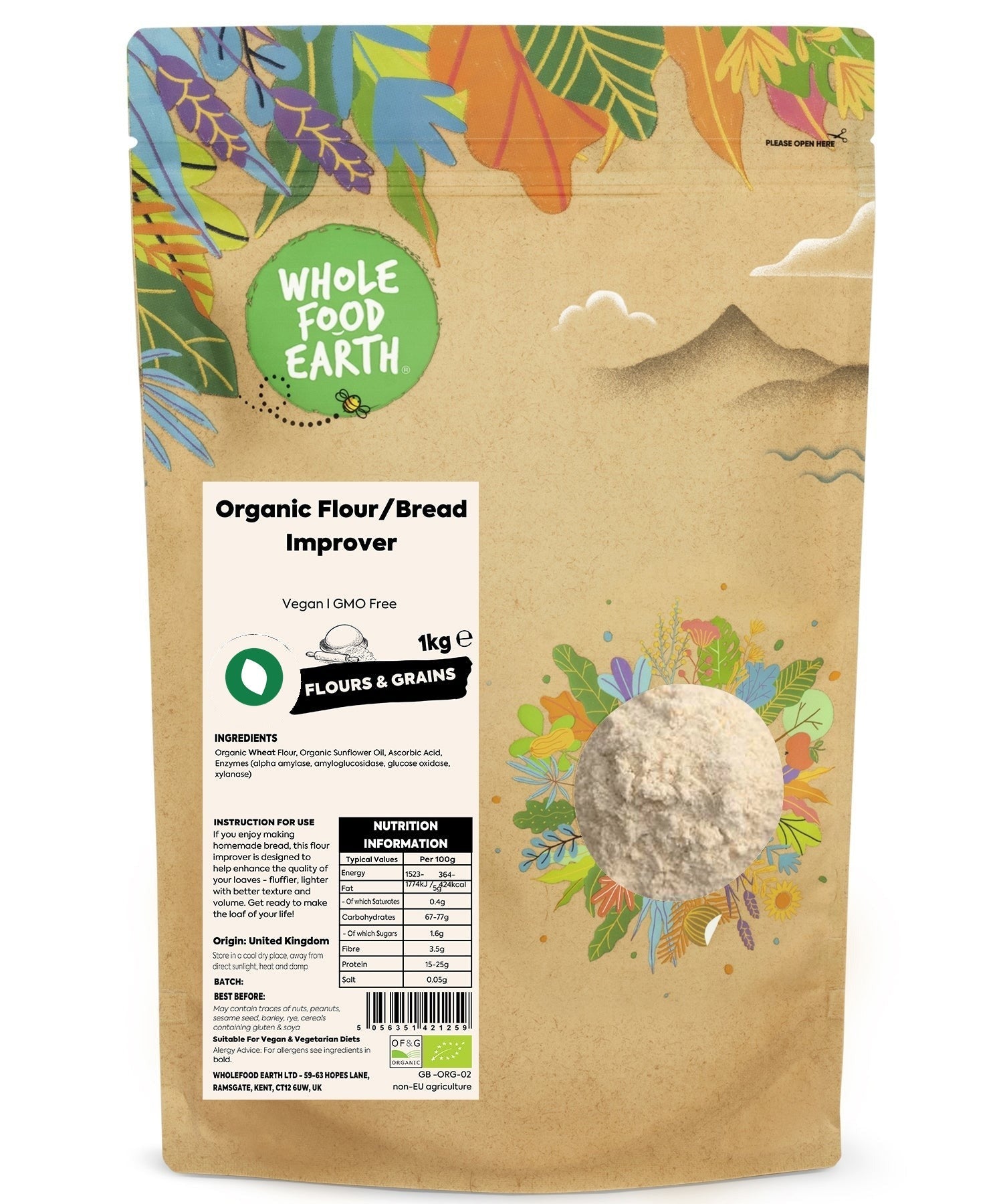 Organic flour and bread improver from Whole Food Earth, showing a bag of natural baking ingredients for better dough rise.