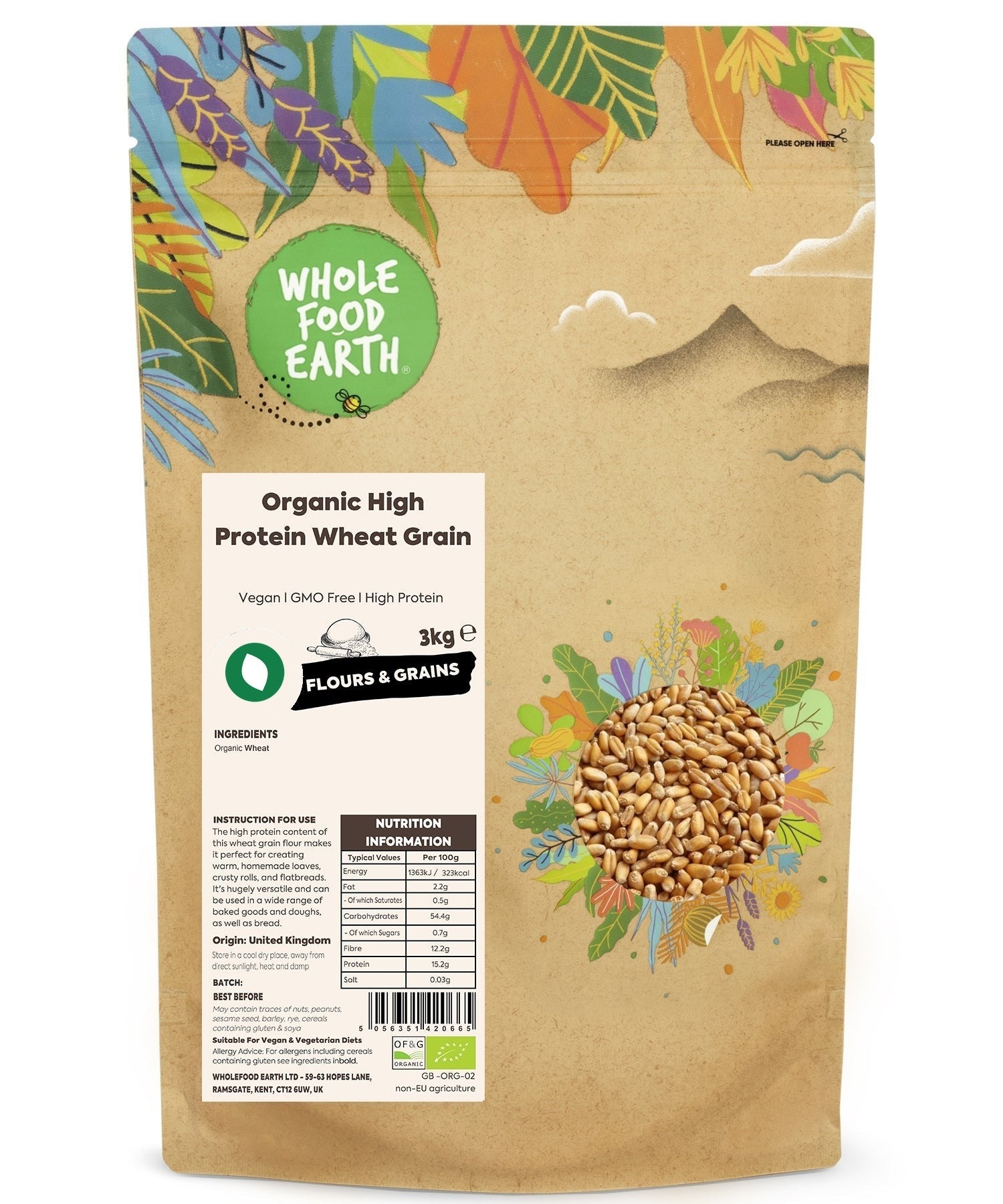 Organic Whole Food Earth wheat grain, high-protein organic wheat kernels for baking and cooking.