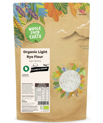 Organic Light Rye Flour from Whole Food Earth, showing a bag of light-colored rye flour on a wooden surface.