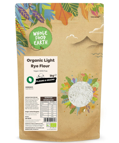 Organic Light Rye Flour from Whole Food Earth, showing a bag of light-colored rye flour for baking and cooking.