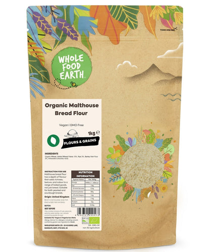 Organic Malthouse Bread Flour from Whole Food Earth, showcasing a bag of natural flour for baking bread, in a kitchen setting.