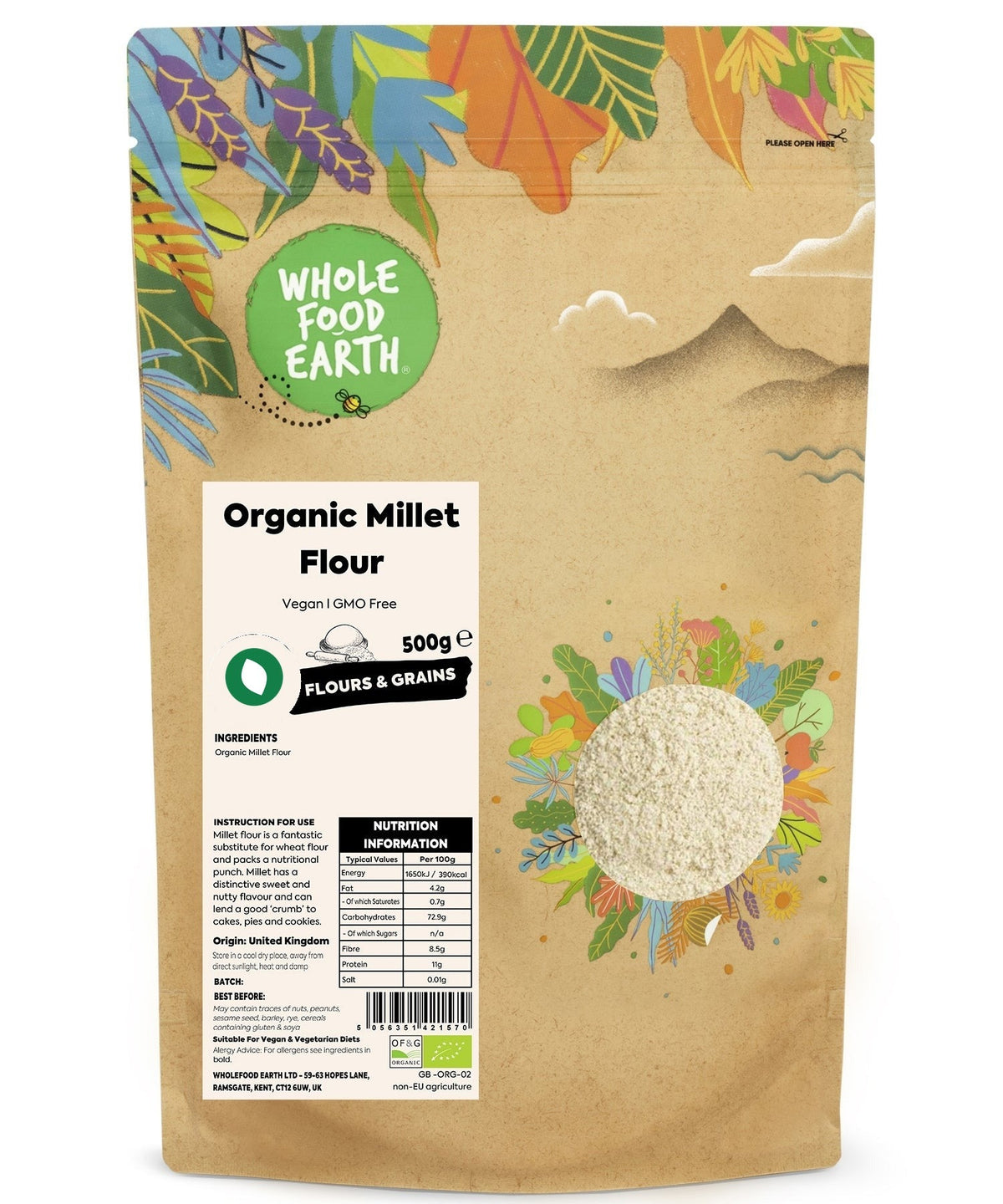 Organic millet flour from Whole Food Earth in a clear bag, showcasing the light, fine-textured gluten-free flour for baking.