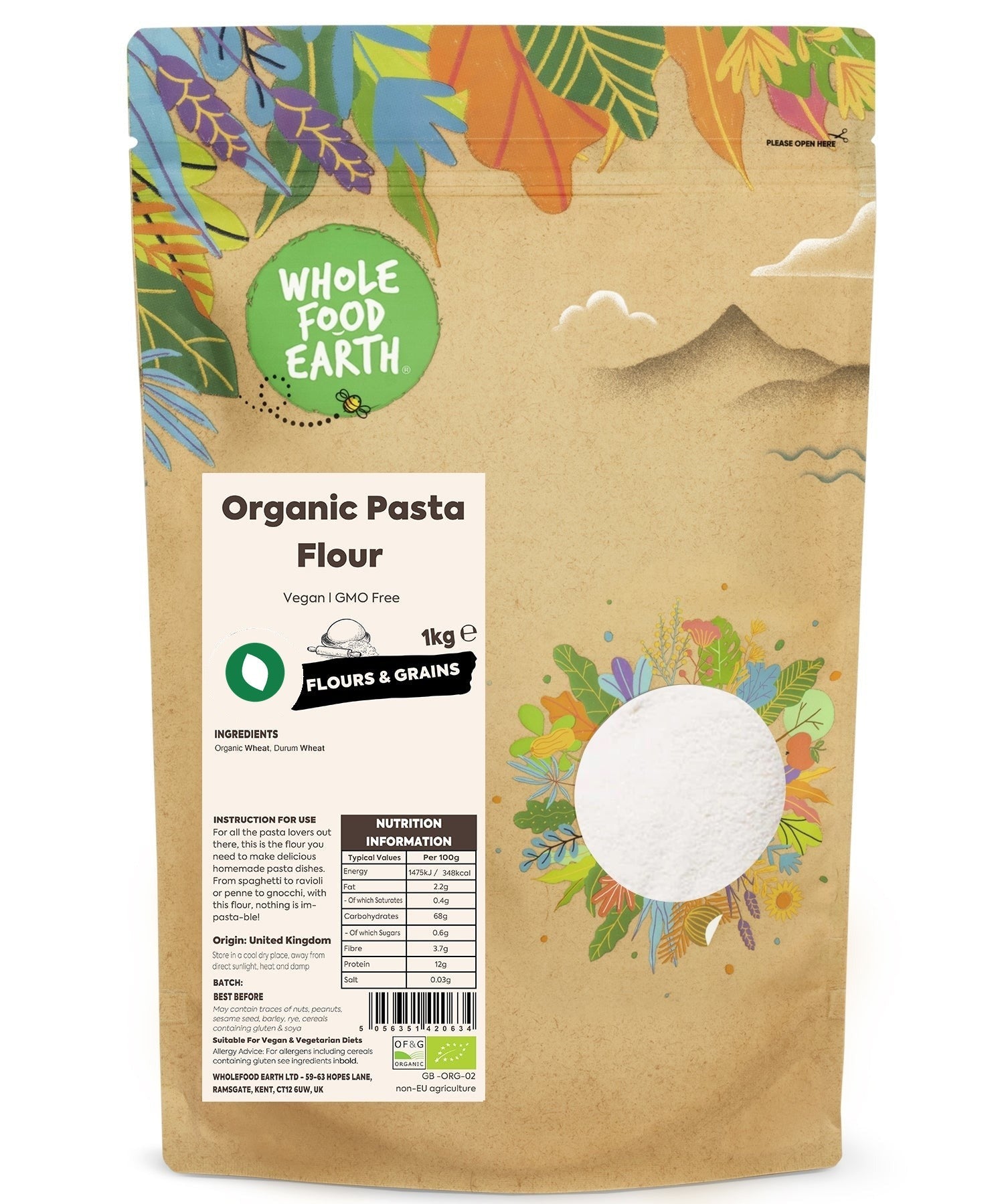 Organic pasta flour from Whole Food Earth, showing a bag of natural, unbleached flour for making fresh pasta.