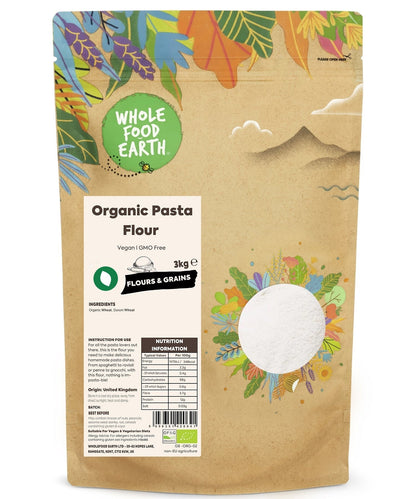 Organic pasta flour from Whole Food Earth, showing a bag of gluten-free, whole grain flour for pasta making.
