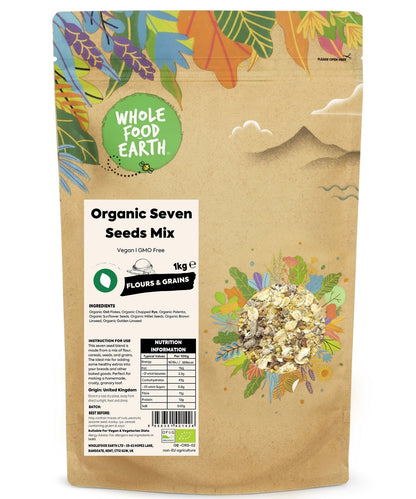 Organic Seven Seeds Mix from Whole Food Earth, showing a colorful blend of various organic seeds in a bowl.
