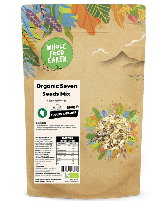 Organic Seven Seeds Mix from Whole Food Earth, a variety of whole grains and seeds in a colorful blend for healthy cooking.