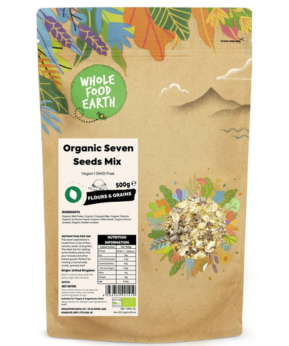 Organic Seven Seeds Mix from Whole Food Earth, a versatile blend of natural grains and seeds in a resealable bag.