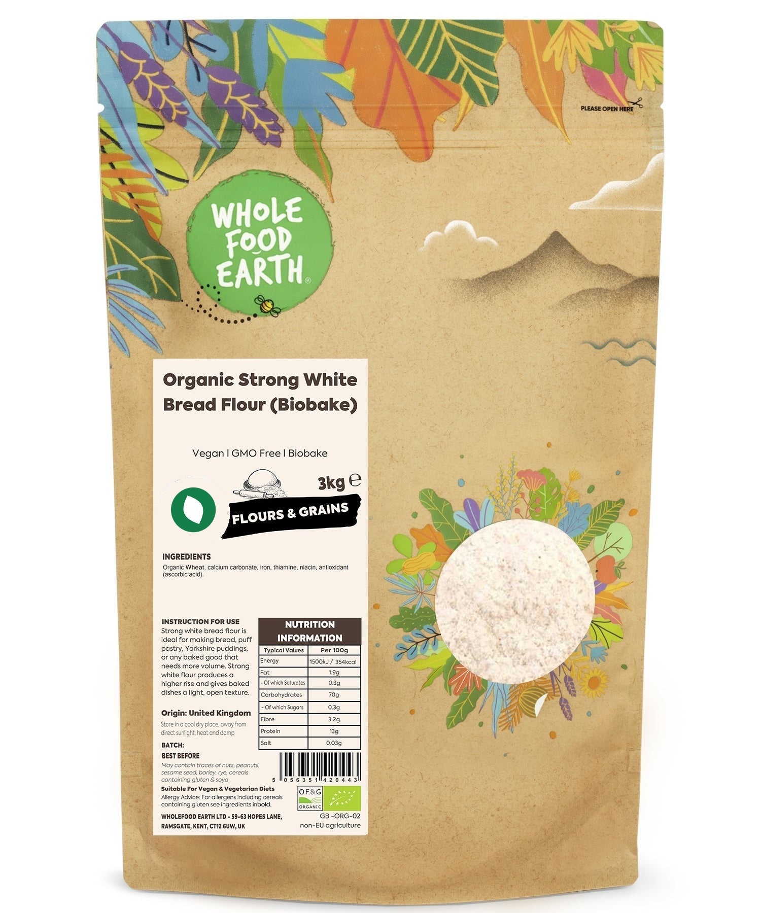 Organic Strong White Bread Flour by Biobake, showing a close-up of the white flour in a bowl with wheat grains in the background.