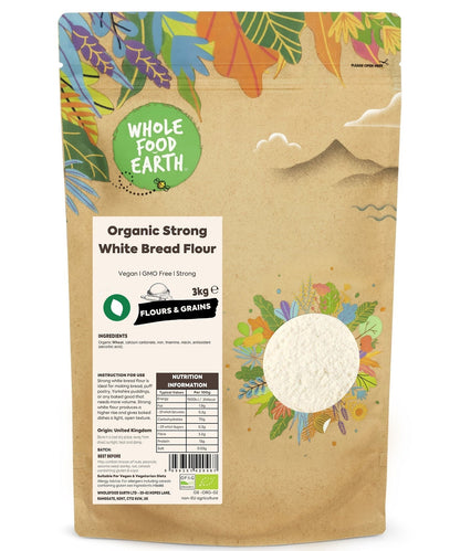Organic strong white bread flour from Whole Food Earth, showing pale white flour in a bag, ideal for baking bread.