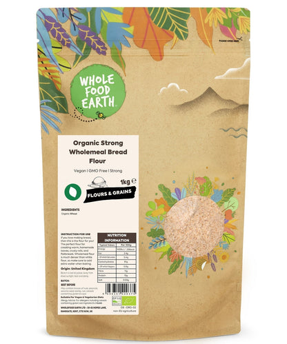 Organic Whole Food Earth strong wholemeal bread flour in a bag, showing the label and natural wheat imagery.