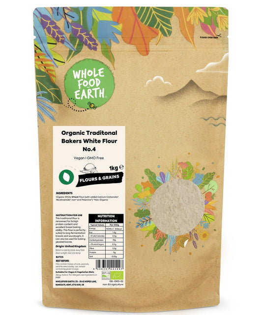 Organic Traditional Bakers White Flour No.4 from Whole Food Earth, showing a bag of fine white flour for baking and cooking.