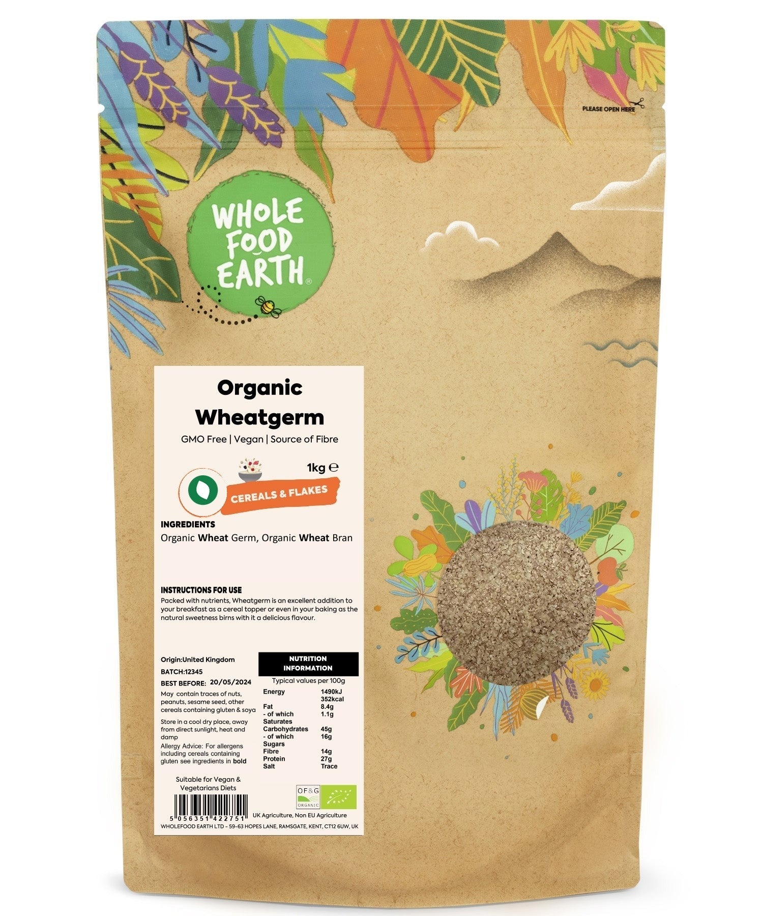 Organic Whole Food Earth wheatgerm in a clear plastic bag, showing light tan, granulated wheatgerm for baking and smoothies.