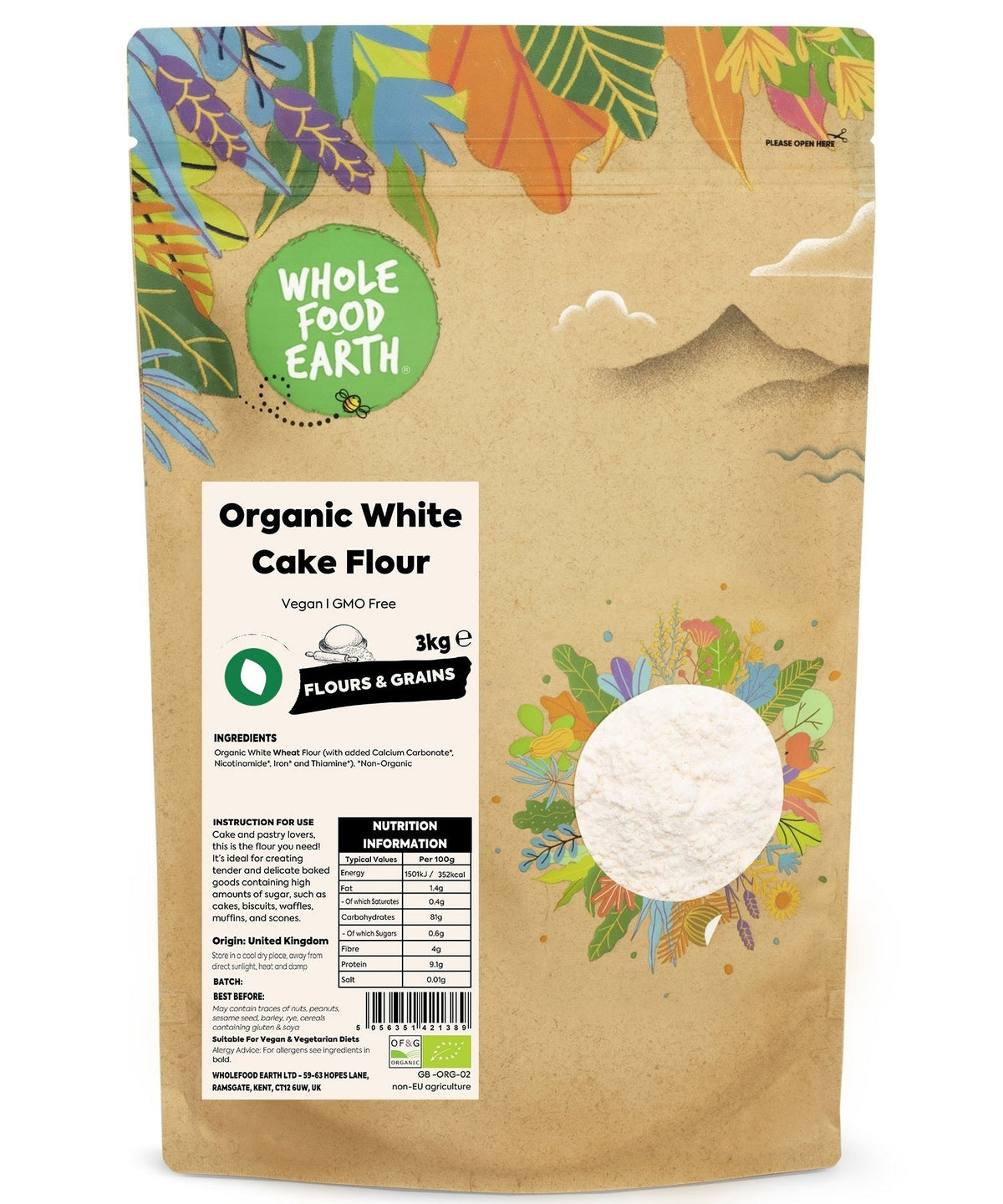 Organic white cake flour from Whole Food Earth, shown in a bag with a clear label, ideal for baking and cake making.
