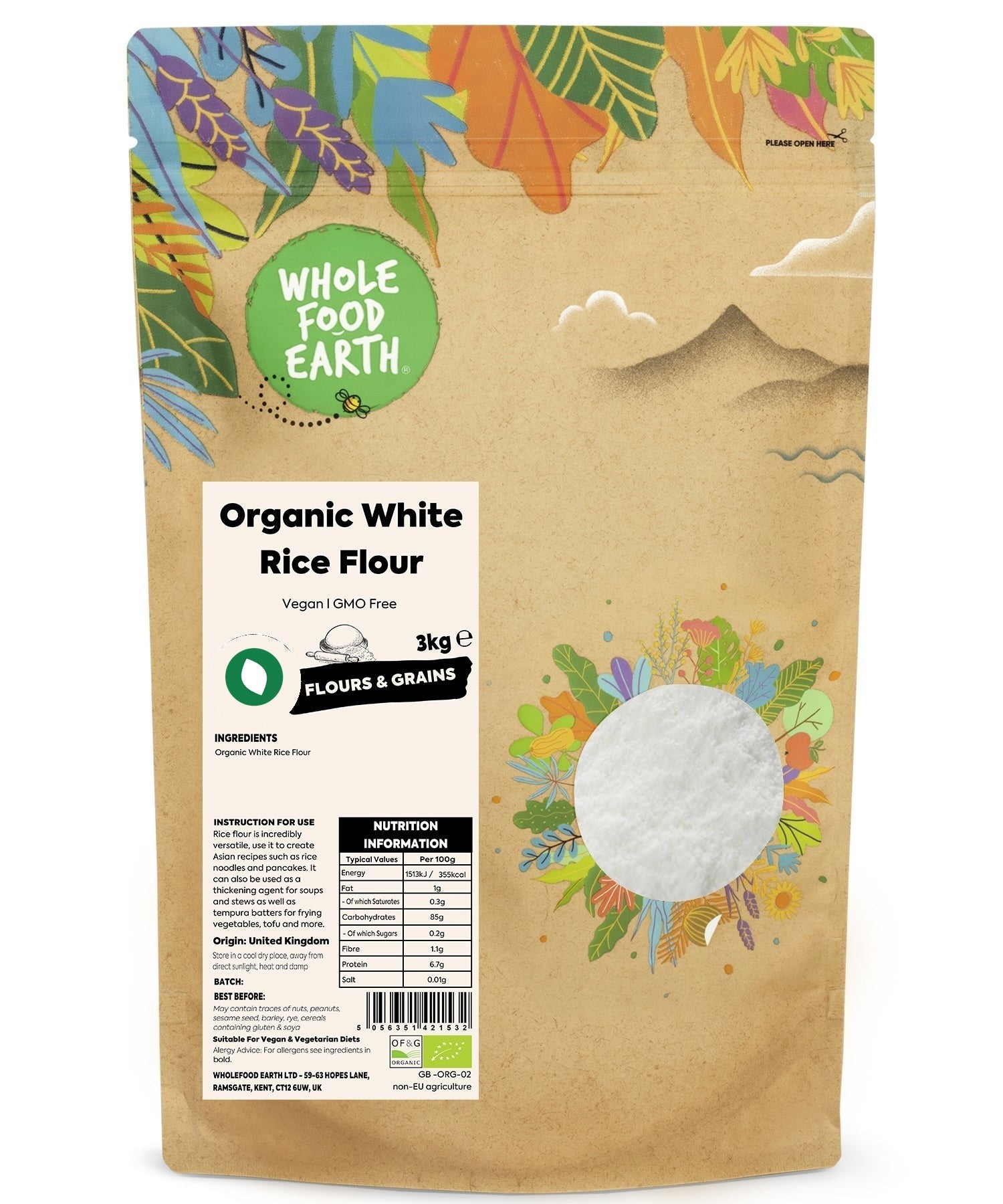 Organic White Rice Flour from Whole Food Earth, fine white powder made from polished rice grains, ideal for baking and gluten-free recipes.