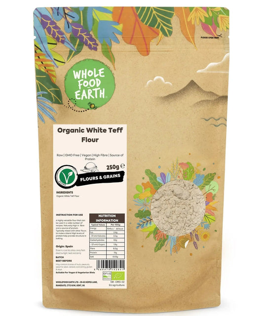 Organic White Teff Flour from Whole Food Earth, raw, GMO-free, high-fiber, vegan grain, ideal for baking and healthy cooking.