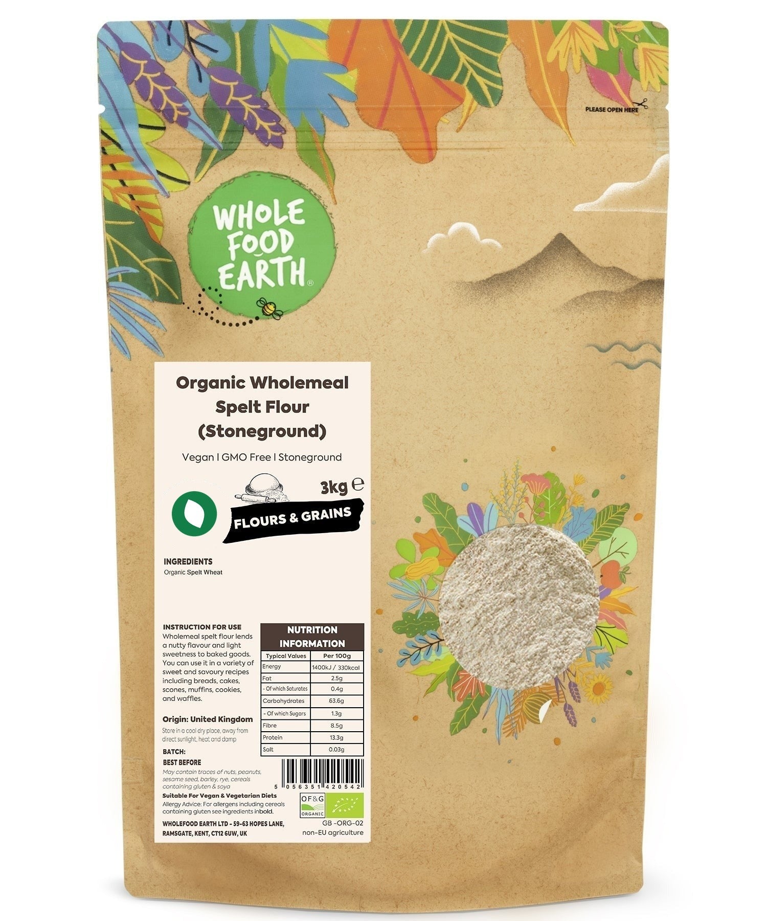 Organic Wholemeal Spelt Flour from Whole Food Earth, stoneground, showing a bag of natural whole grain spelt flour.