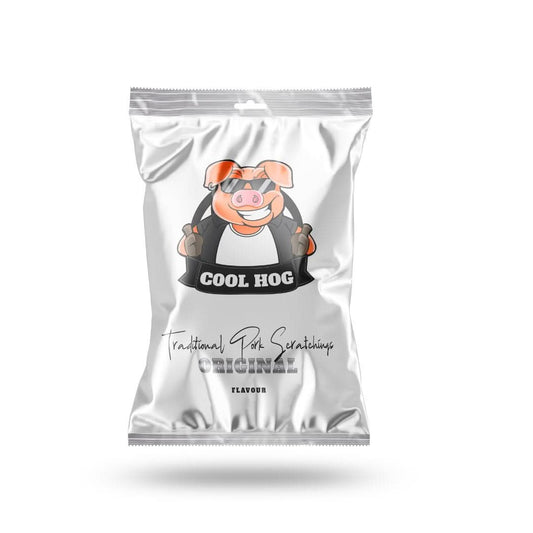 Crunchy traditional pork scratchings by Cool Hog Snacks, featuring crispy, golden pork rinds with authentic flavor.
