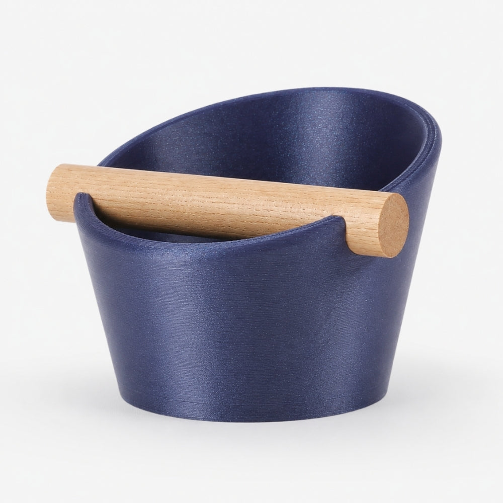 KNOCDIC® oval coffee knock box with real oak wood bar for espresso grounds disposal, featuring a galaxy nebulae design.