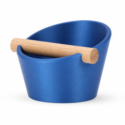 KNOCDIC® metallic blue oval coffee knock box with a real oak wood bar for espresso puck disposal.