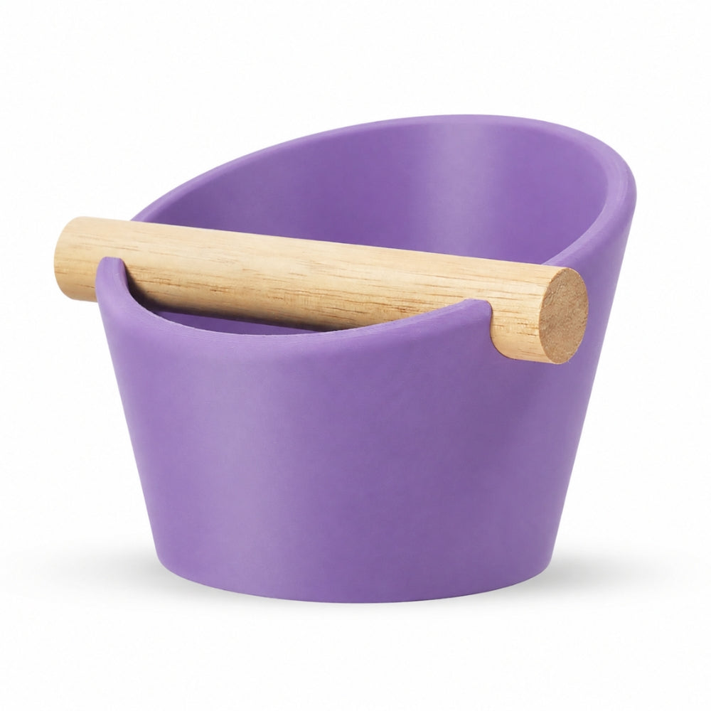 KNOCDIC® oval coffee knock box with purple finish and real oak wood bar for espresso pucks cleanup.
