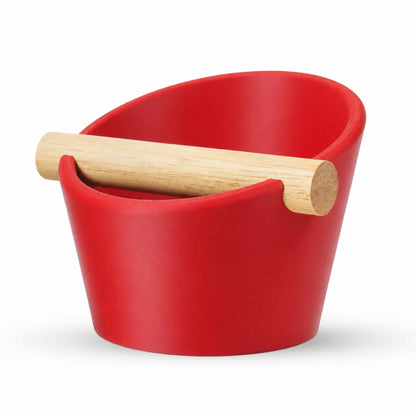 KNOCDIC® oval coffee knock box with red finish and real oak wood bar for espresso puck disposal.