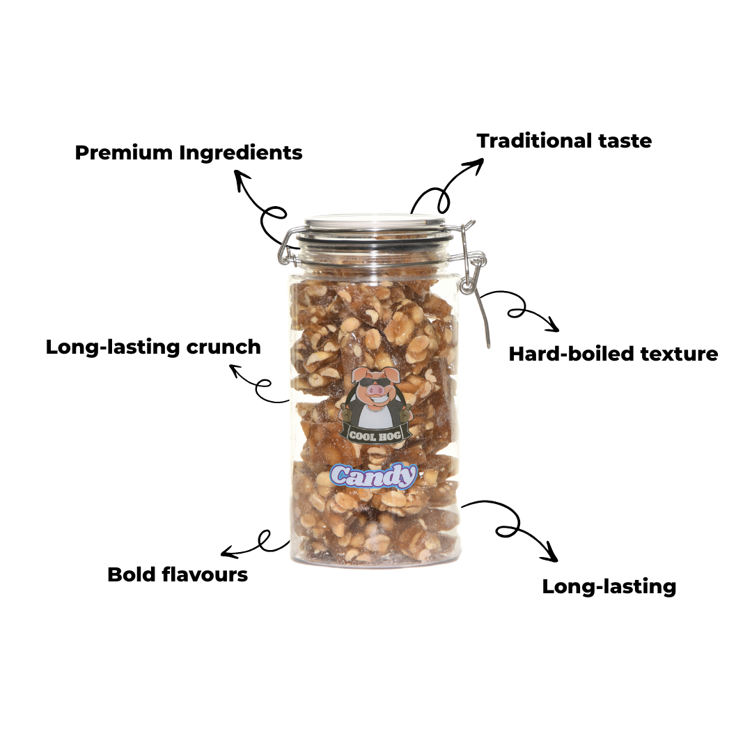 Cool Hog Snacks Peanut Brittle Candy Gifting Jar with crunchy, golden peanut brittle in a clear jar.