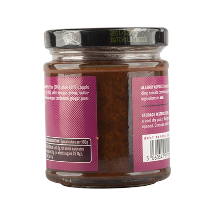 Jar of Manfood Pear, Apple, Fig & Plum Chutney with visible fruit pieces and rich, textured chutney inside a glass jar.