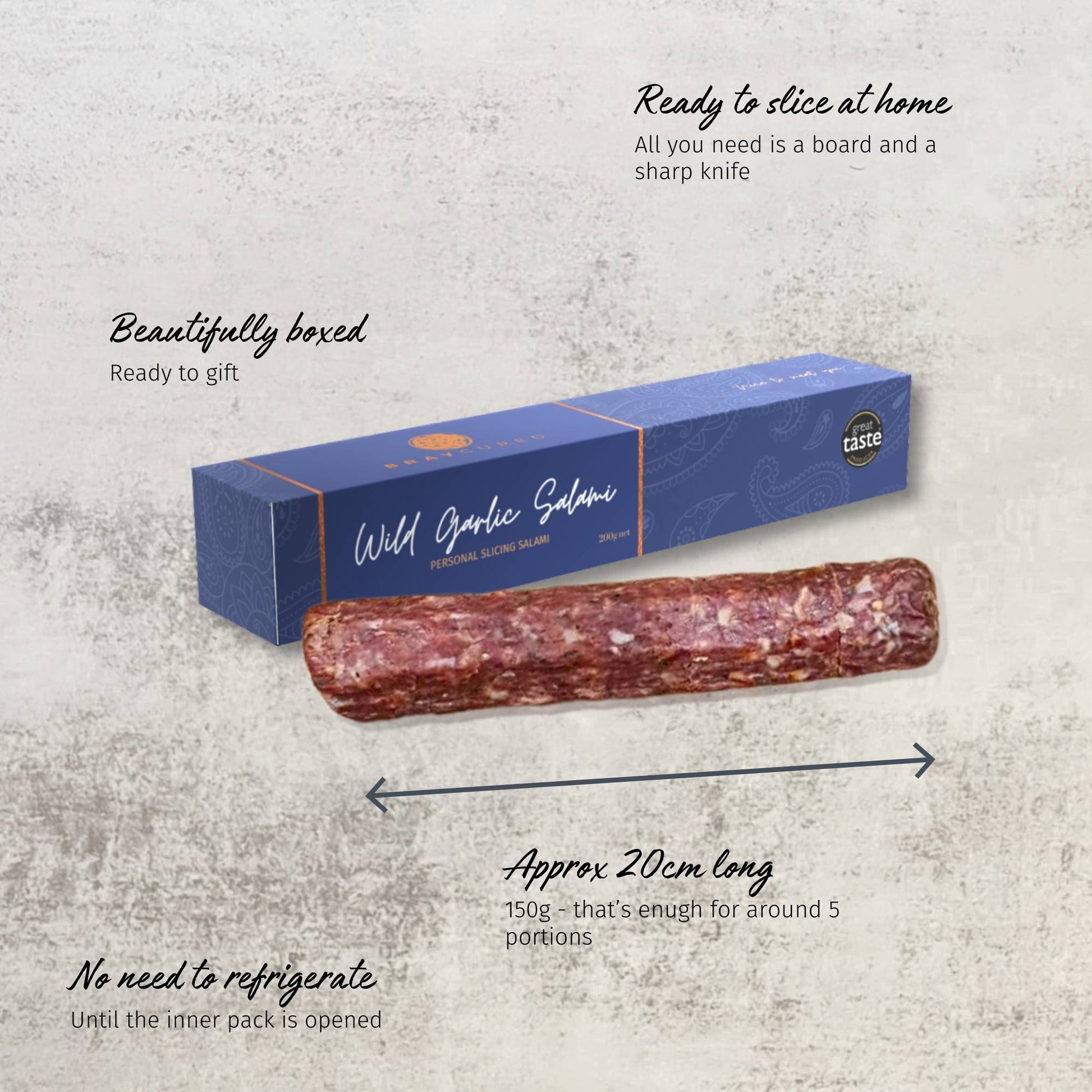 Thinly sliced Bray Cured personal salami on a charcuterie board, showcasing its rich texture and marbled appearance.